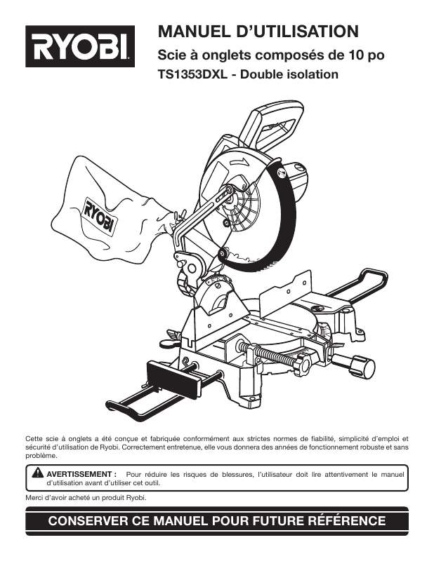 Guide utilisation  RYOBI TS1353  de la marque RYOBI