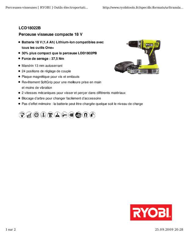 Guide utilisation RYOBI LCD18022B  de la marque RYOBI