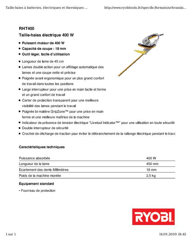 Guide utilisation RYOBI RHT400  de la marque RYOBI