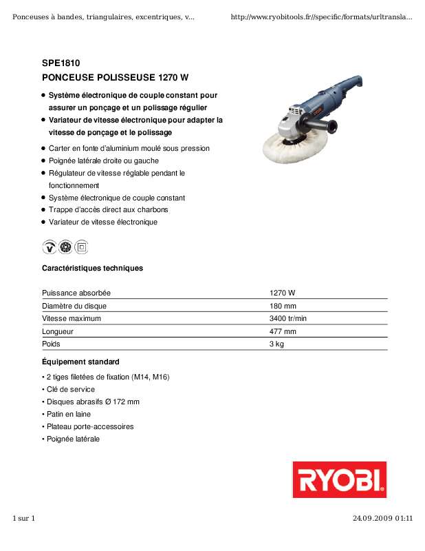 Guide utilisation RYOBI SPE1810  de la marque RYOBI