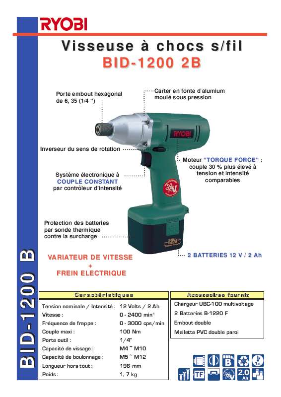 Guide utilisation  RYOBI BID-1200 2B  de la marque RYOBI