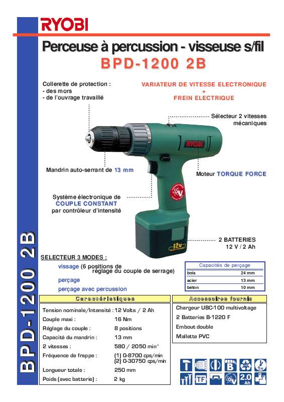 Guide utilisation  RYOBI BPD-1200 2B  de la marque RYOBI