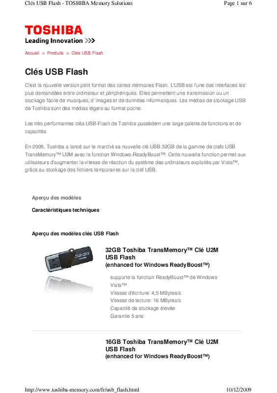 Guide utilisation  TOSHIBA TRANSMEMORY U2M FLASH 16 GB  de la marque TOSHIBA