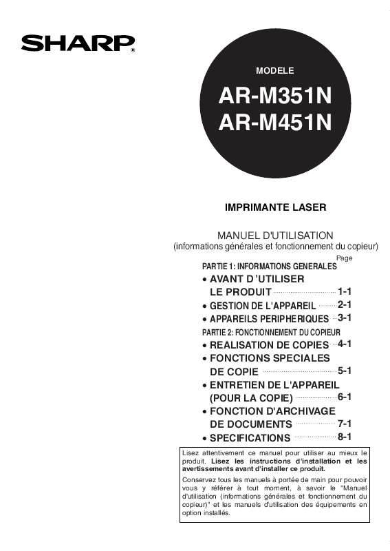 Guide utilisation SHARP AR-M351  de la marque SHARP