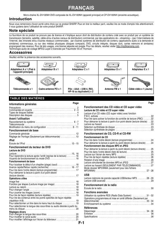Guide utilisation SHARP XL-DV100NH  de la marque SHARP