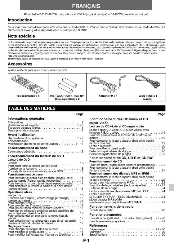 Guide utilisation SHARP XL-DV75H  de la marque SHARP