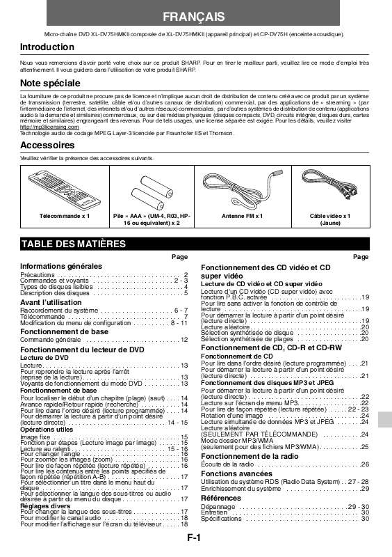 Guide utilisation SHARP XL-DV75HMKII  de la marque SHARP