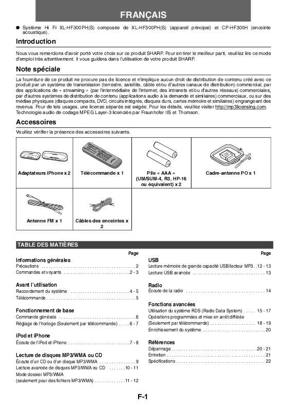 Guide utilisation SHARP XL-HF300PHS  de la marque SHARP