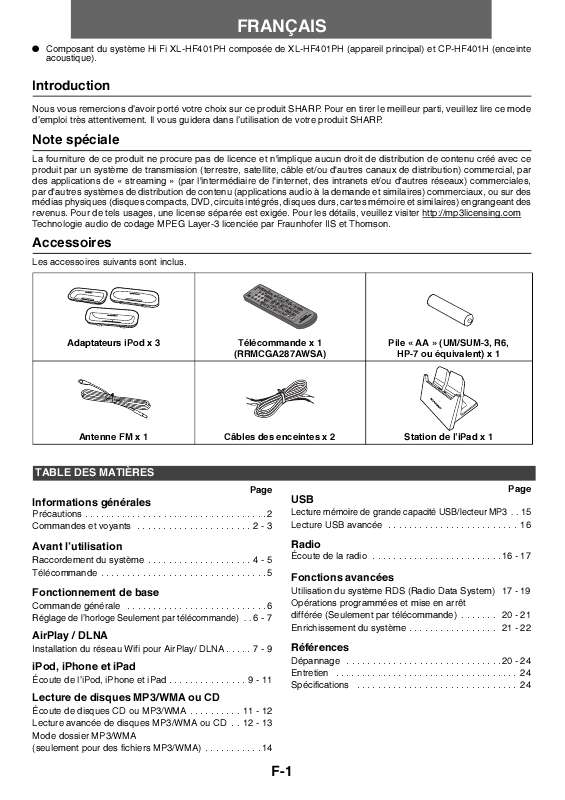 Guide utilisation SHARP XL-HF401PH  de la marque SHARP