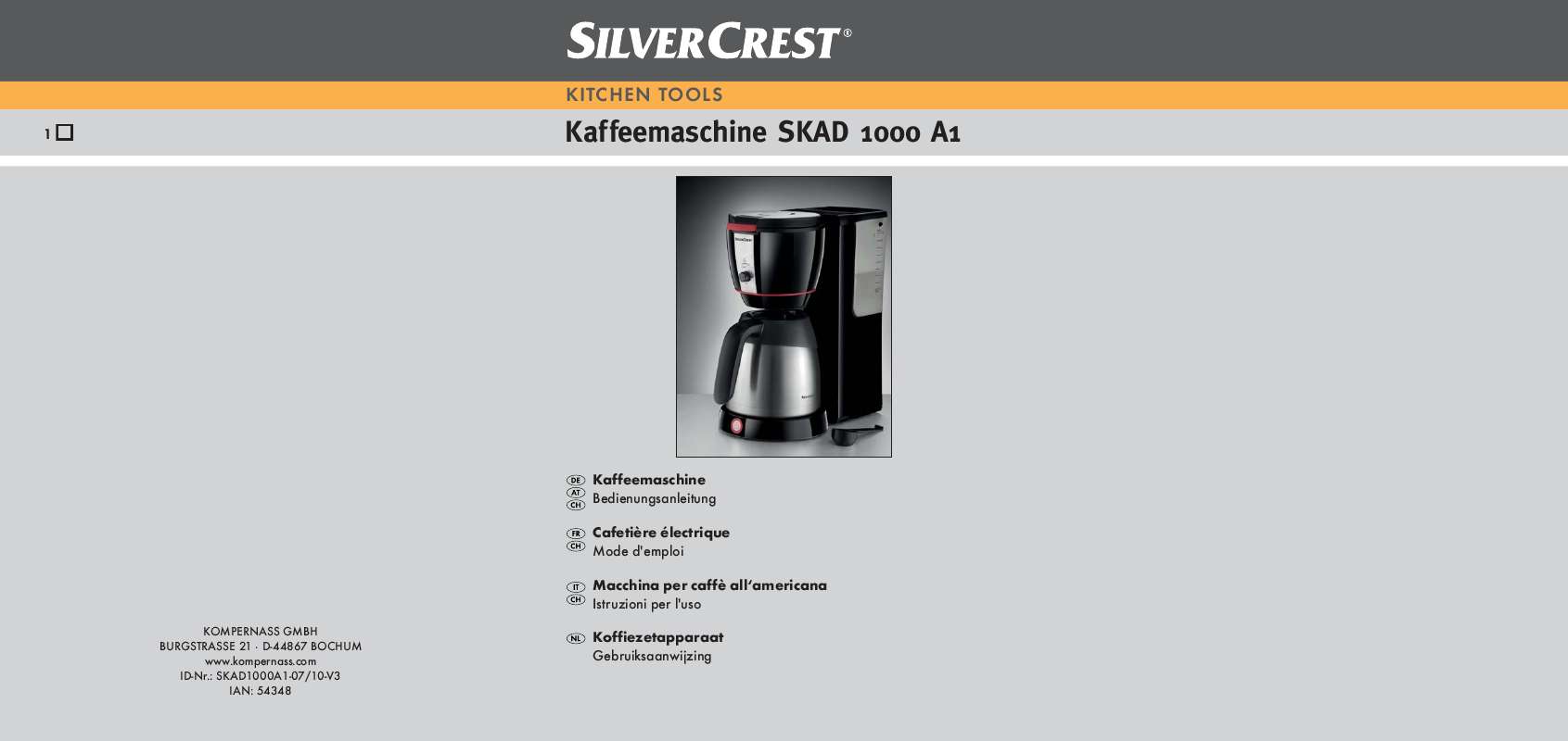 Guide utilisation  SILVERCREST SKAD 1000 A1 COFFEE MACHINE  de la marque SILVERCREST