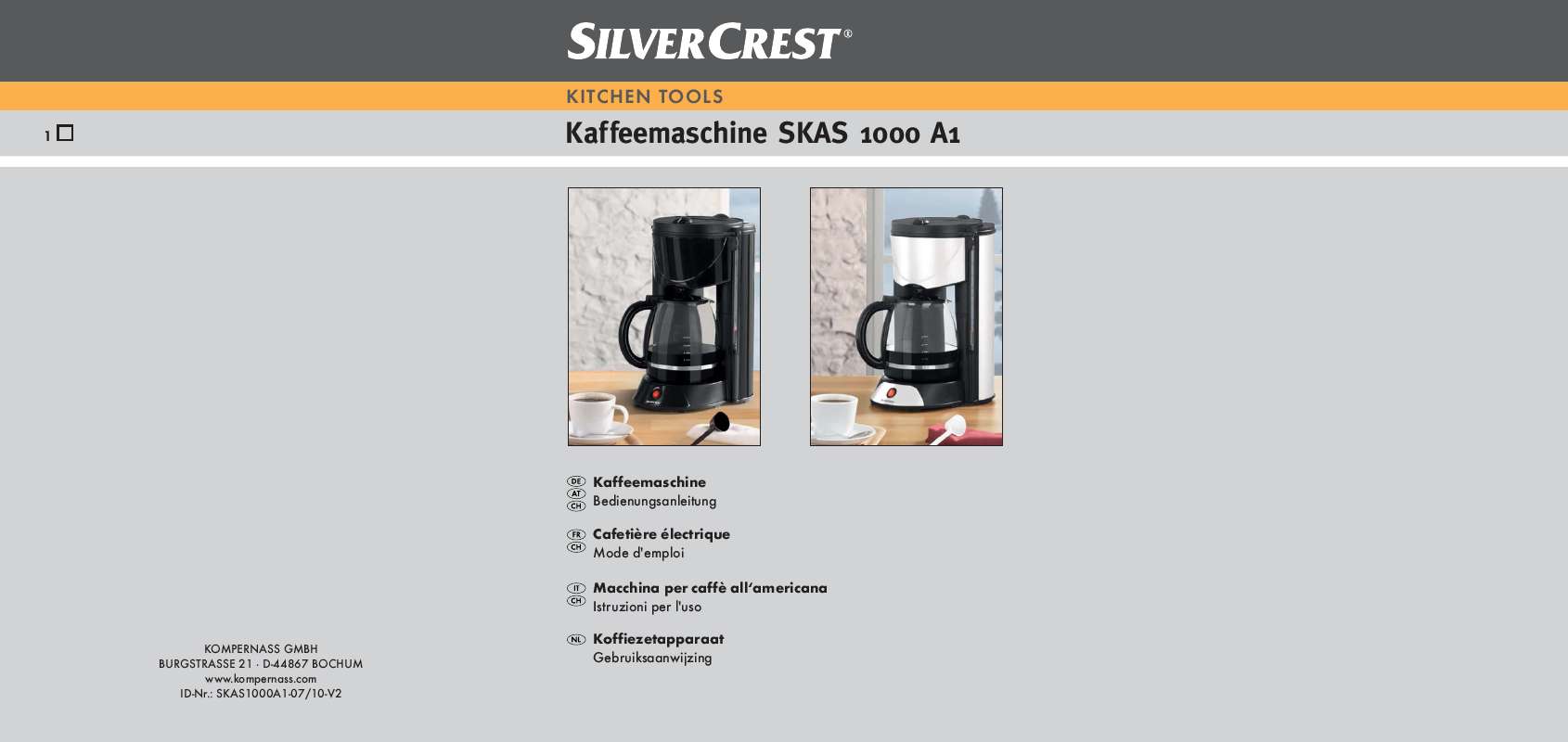 Guide utilisation  SILVERCREST SKAS 1000 A1 COFFEE MAKER  de la marque SILVERCREST