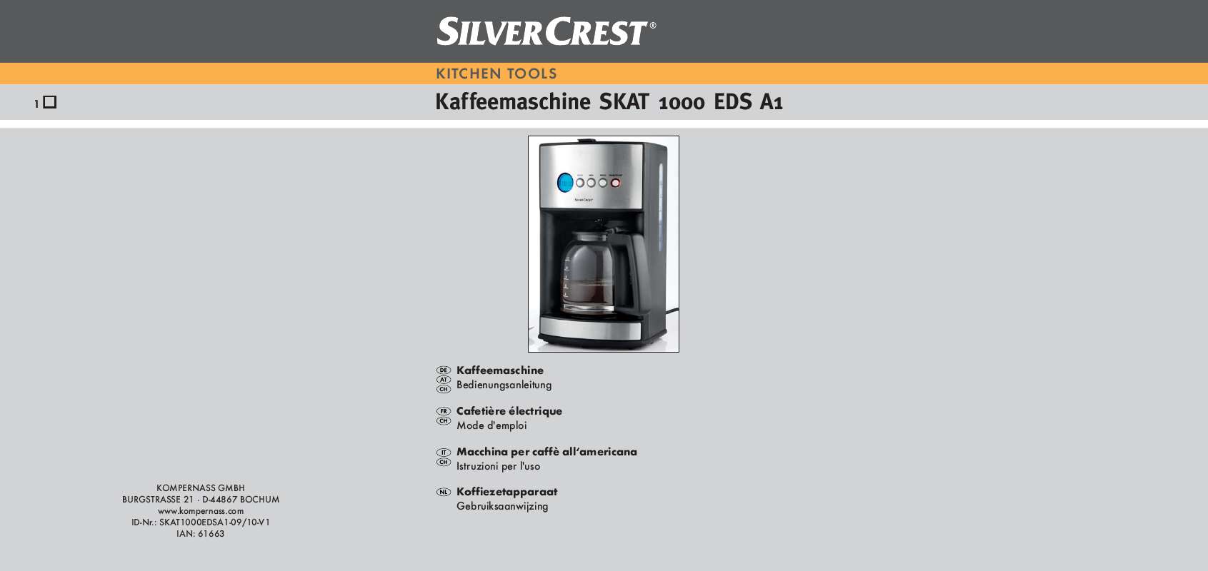 Guide utilisation  SILVERCREST SKAT 1000 EDS A1 COFFEE MACHINE  de la marque SILVERCREST