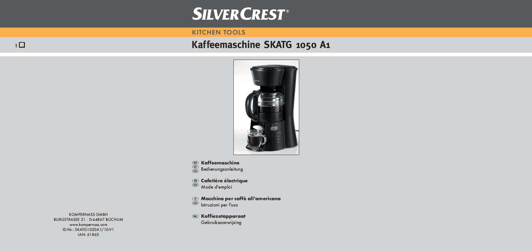 Guide utilisation  SILVERCREST SKATG 1050 A1 COFFEE MACHINE  de la marque SILVERCREST