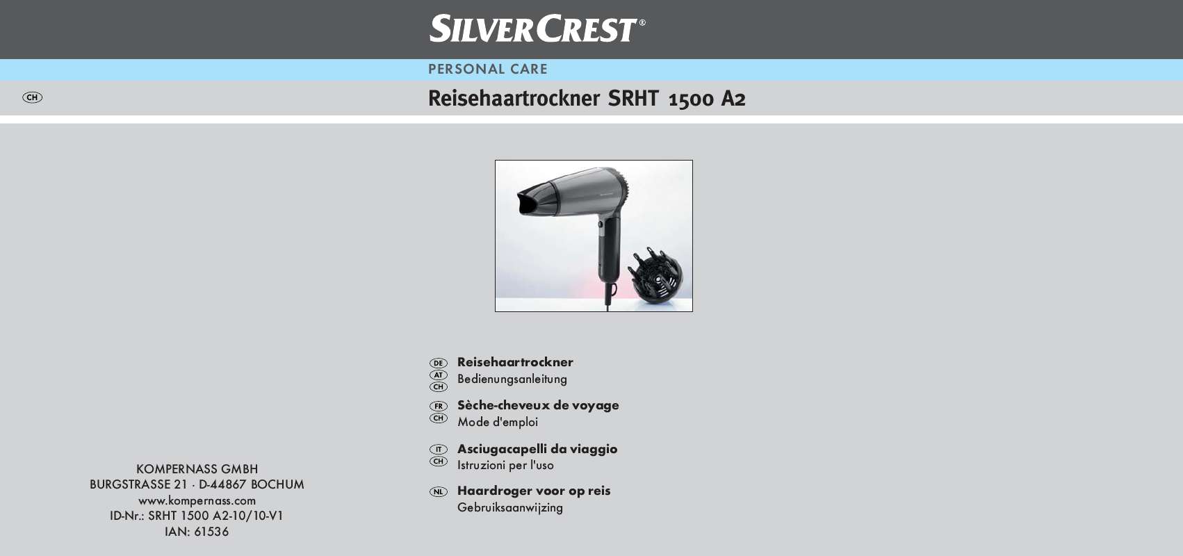 Guide utilisation  SILVERCREST SRHT 1500 A2 TRAVEL HAIRDRYER  de la marque SILVERCREST