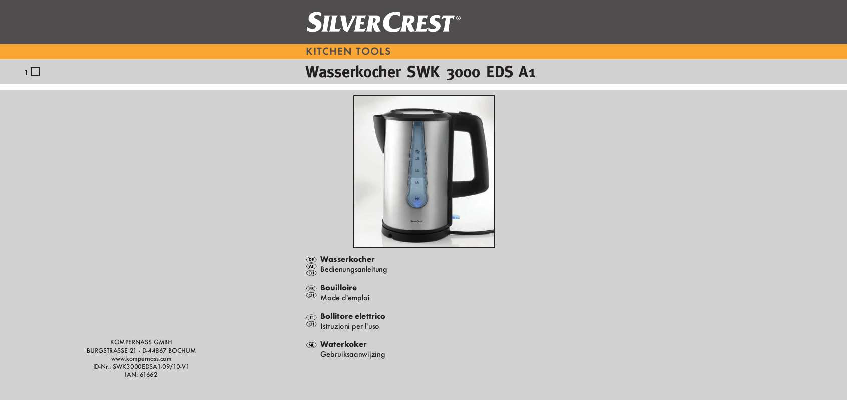 Guide utilisation  SILVERCREST SWK 3000 EDS A1 KETTLE  de la marque SILVERCREST