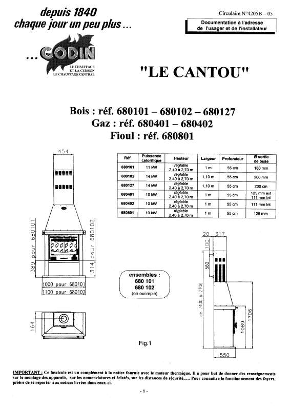 Guide utilisation GODIN 680401 CANTOU GAZ  de la marque GODIN