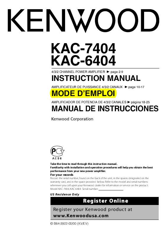 Guide utilisation KENWOOD KAC-7404  de la marque KENWOOD