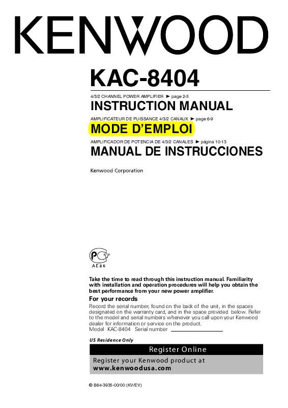 Guide utilisation KENWOOD KAC-8104  de la marque KENWOOD