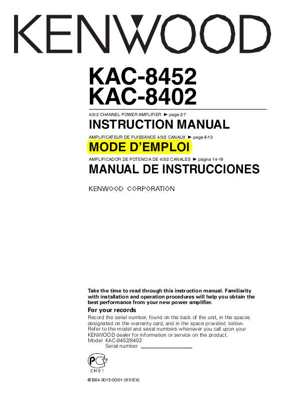 Guide utilisation KENWOOD KAC-8452  de la marque KENWOOD