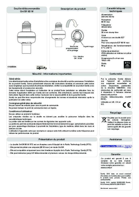 Guide utilisation  SOMFY DOUILLE TELECOMMANDEE 2401096  de la marque SOMFY