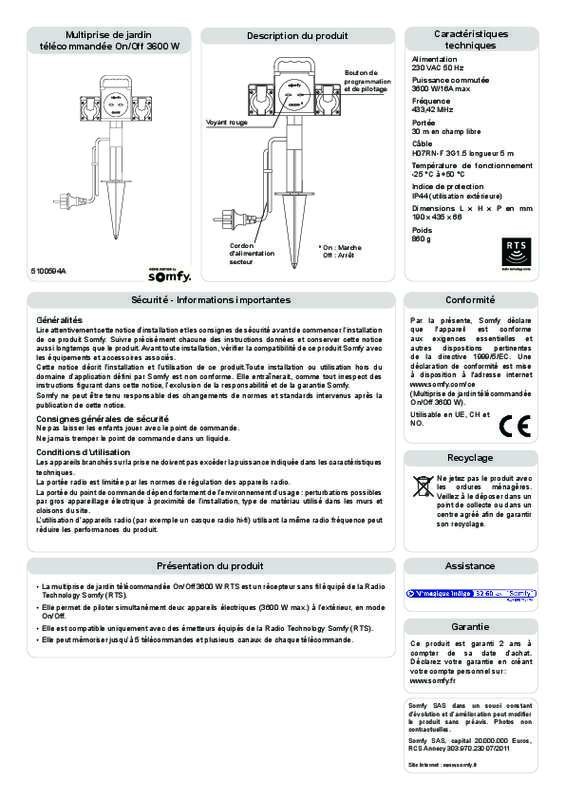 Guide utilisation  SOMFY MULTIPRISE DE JARDIN 2401094  de la marque SOMFY
