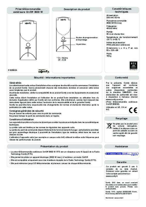 Guide utilisation  SOMFY PRISE EXTERIEURE TELECOMMANDEE 2401093  de la marque SOMFY