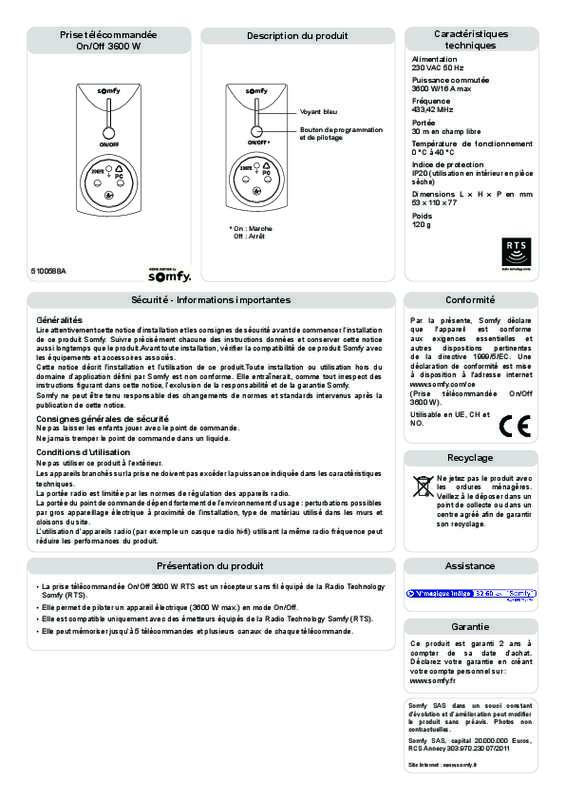 Guide utilisation  SOMFY PRISE INTERIEURE TELECOMMANDEE 2401091  de la marque SOMFY