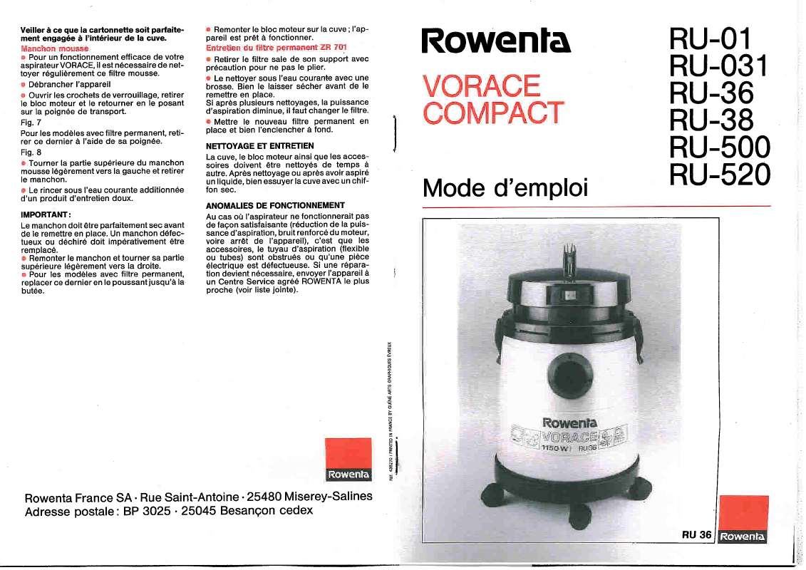 Guide utilisation ROWENTA RU 01 VORACE COMPACT de la marque ROWENTA