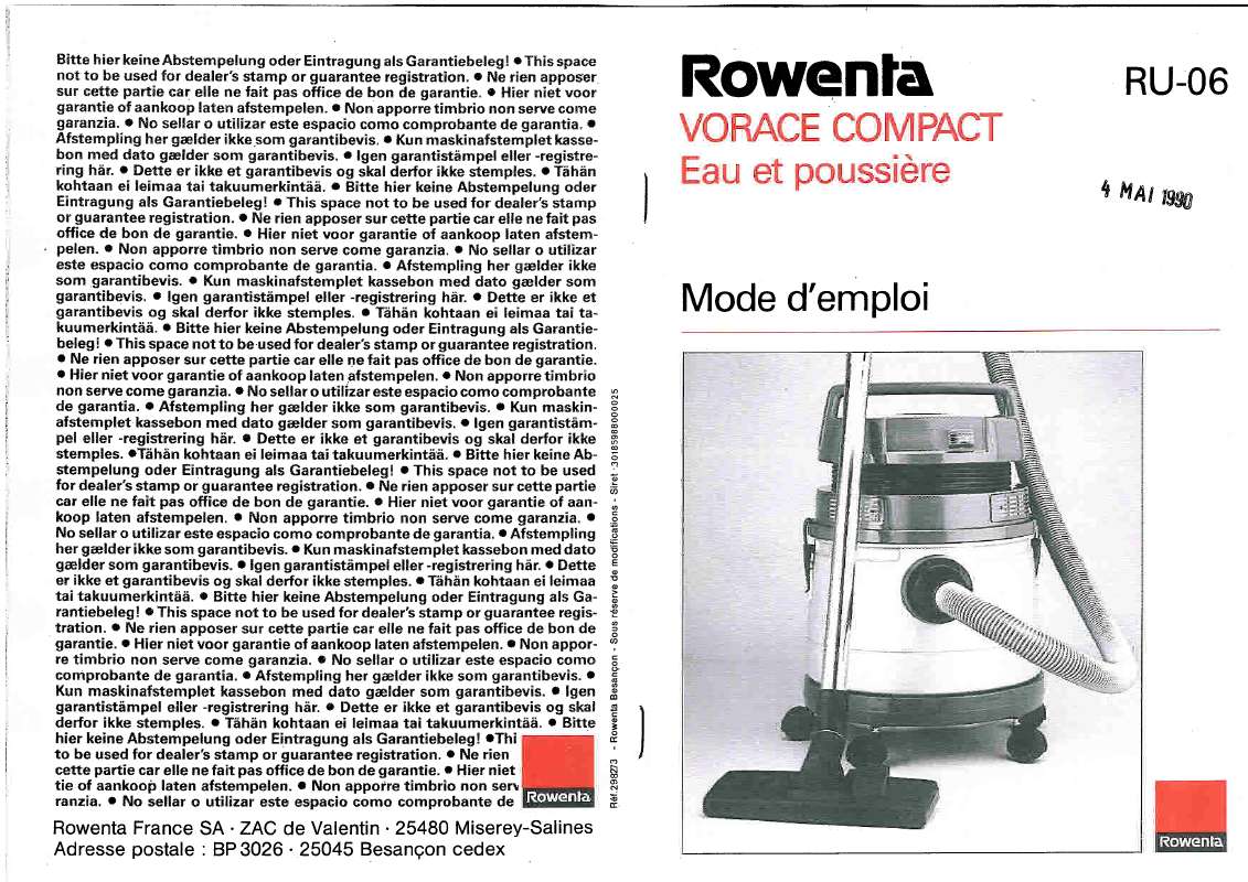 Guide utilisation ROWENTA RU 06 VORACE COMPACT de la marque ROWENTA