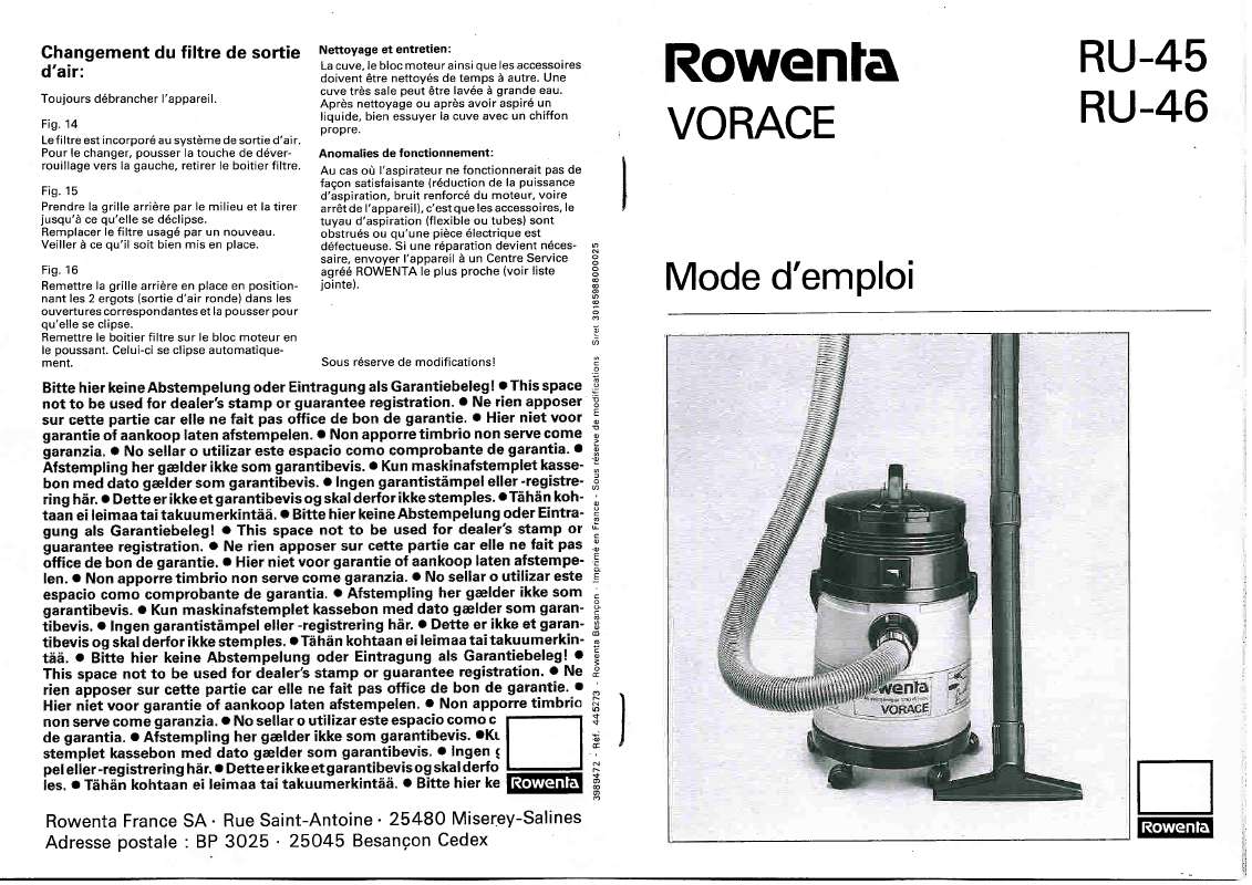 Guide utilisation ROWENTA RU 45 VORACE de la marque ROWENTA