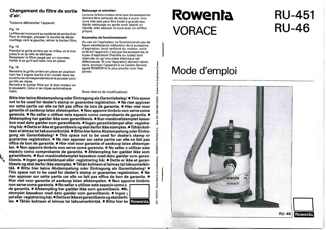 Guide utilisation ROWENTA RU 46 VORACE de la marque ROWENTA