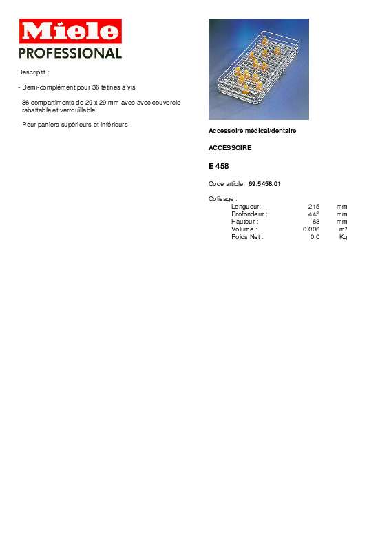 Guide utilisation  MIELE E 458 DESCRIPTIF  de la marque MIELE