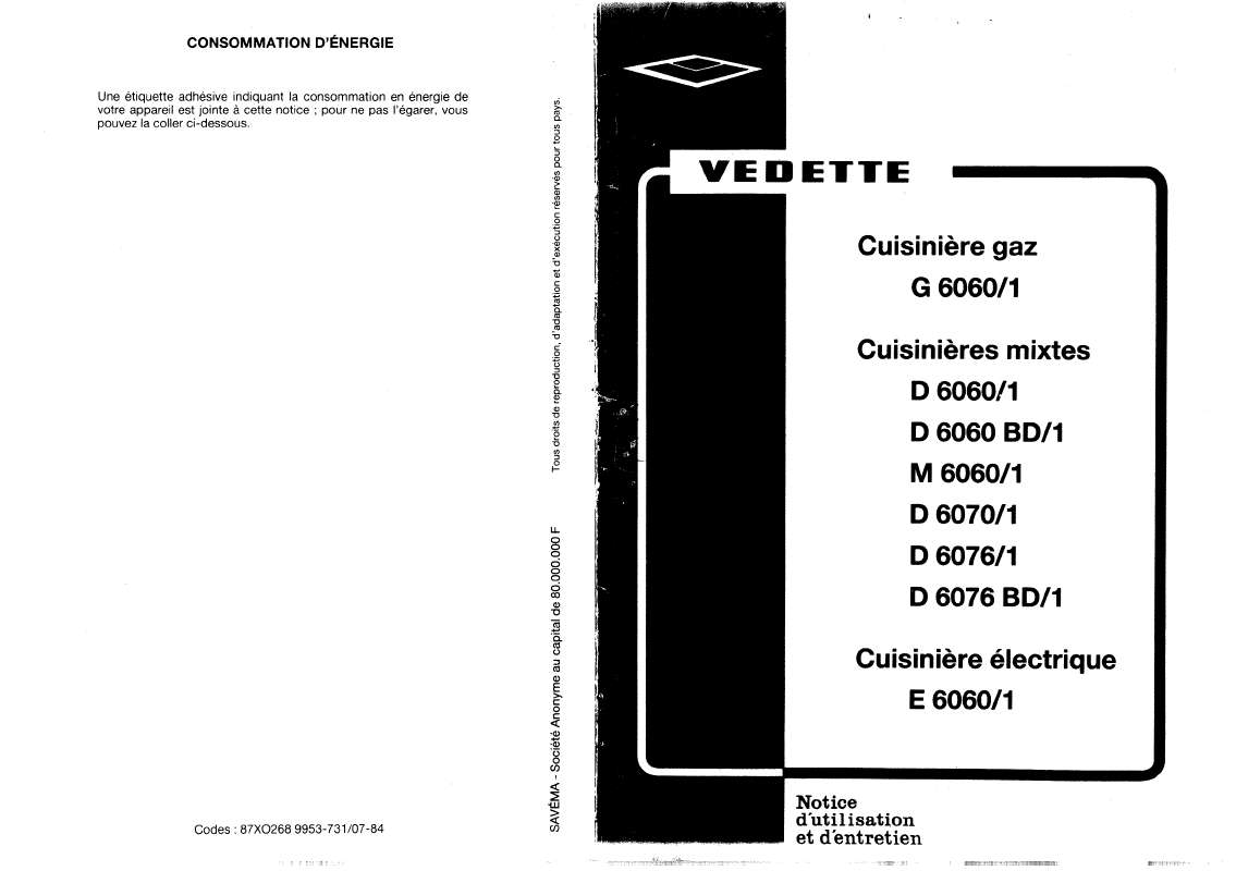 Guide utilisation VEDETTE D6060  de la marque VEDETTE