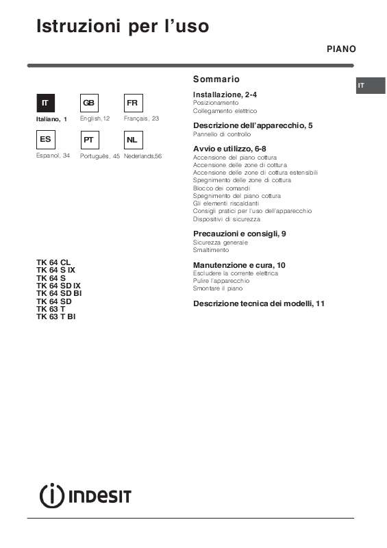 Guide utilisation  INDESIT TK 64 SD BI  de la marque INDESIT