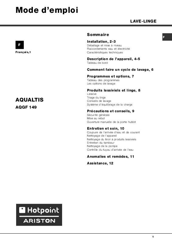 Guide utilisation  HOTPOINT AQNGF 149  de la marque HOTPOINT