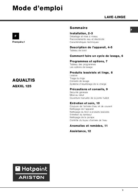 Guide utilisation  HOTPOINT AQNXXL 125  de la marque HOTPOINT
