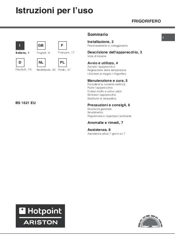 Guide utilisation  HOTPOINT BS 1621 EU  de la marque HOTPOINT