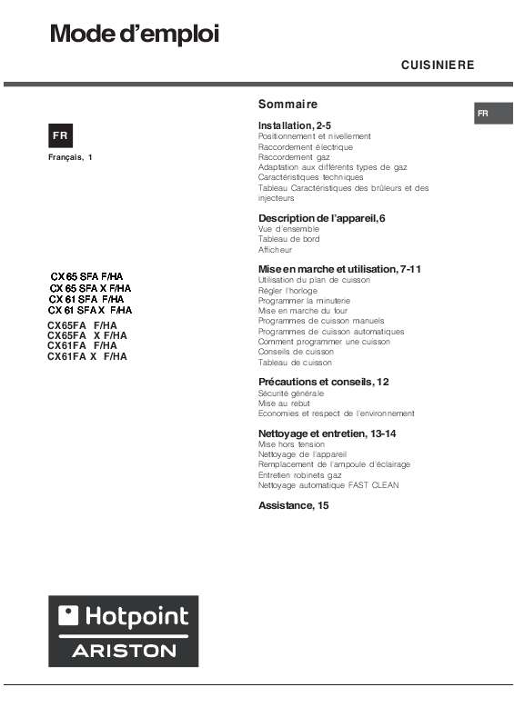 Guide utilisation  HOTPOINT CX61SFA  de la marque HOTPOINT