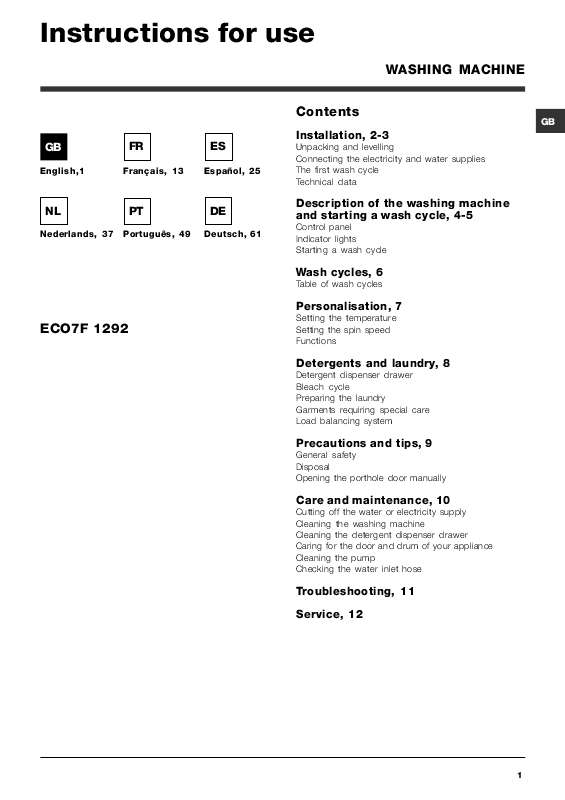 Guide utilisation  HOTPOINT ECO7F 1292  de la marque HOTPOINT