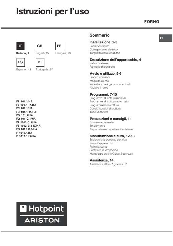 Guide utilisation  HOTPOINT FQ 101.1  de la marque HOTPOINT