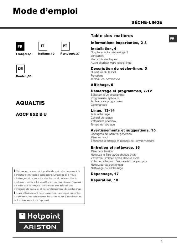 Guide utilisation  HOTPOINT AQCF 852 B U  de la marque HOTPOINT