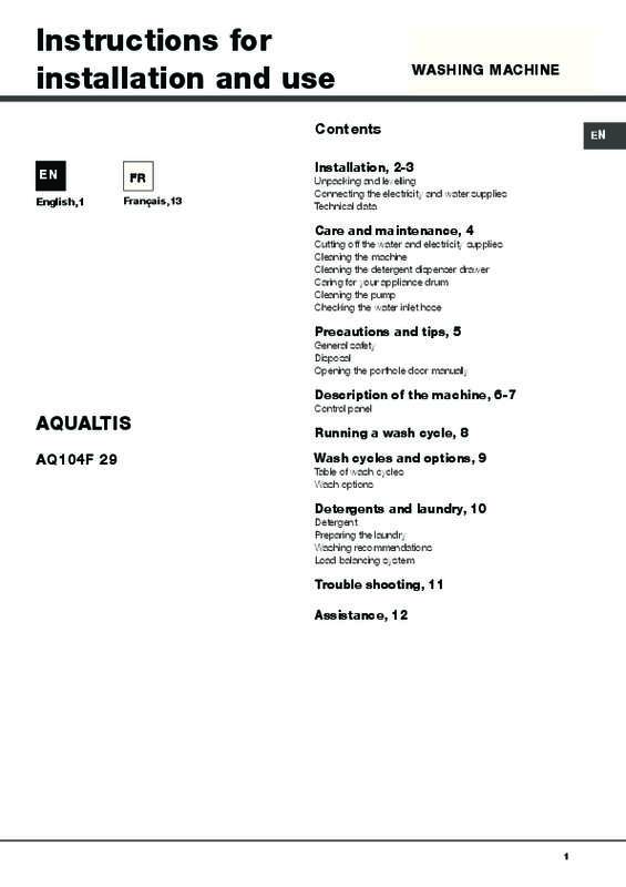 Guide utilisation  HOTPOINT AQ104F 29 EU  de la marque HOTPOINT