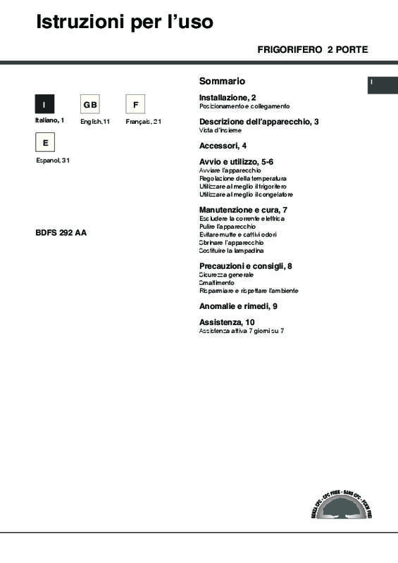 Guide utilisation  HOTPOINT BDFS 292 AA  de la marque HOTPOINT