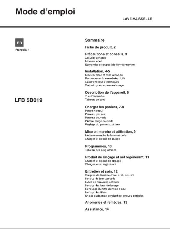 Guide utilisation  HOTPOINT LFB 5B019 B FR  de la marque HOTPOINT