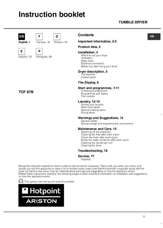 Guide utilisation  HOTPOINT TCF 87B 6PY1  de la marque HOTPOINT
