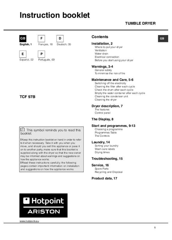 Guide utilisation  HOTPOINT TCF 97B 6HY  de la marque HOTPOINT