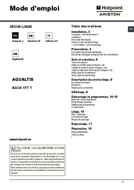 Guide utilisation  HOTPOINT AQC8 1F7T1PLUS  de la marque HOTPOINT