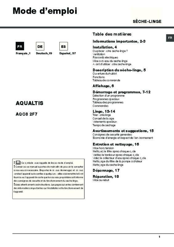 Guide utilisation  HOTPOINT AQC8 2F7 TM1  de la marque HOTPOINT