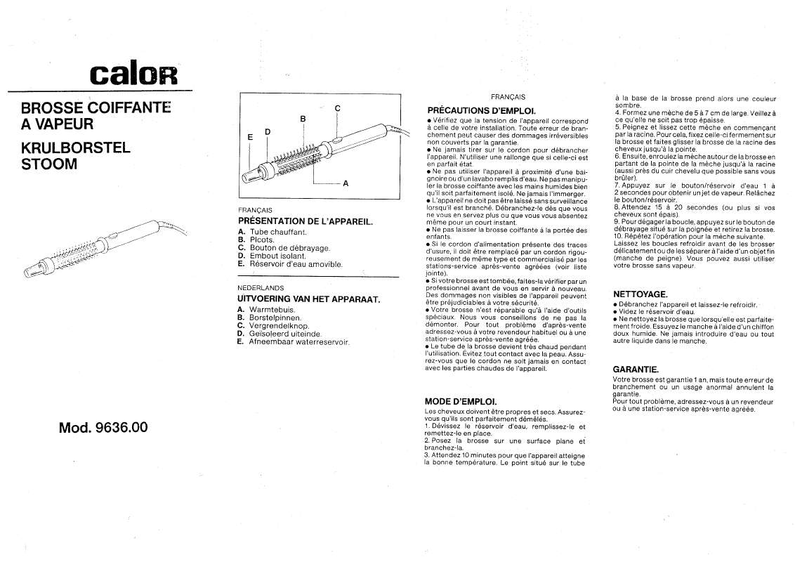 Guide utilisation  CALOR COIFFURE BROSSE COIFFANTE VAPEUR 9636  de la marque CALOR
