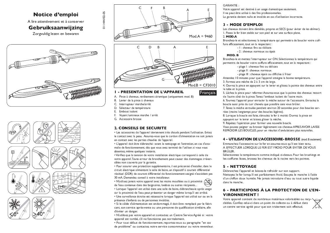 Guide utilisation  CALOR COIFFURE IMAGIN STRUCTURE CERAMIC CF3010  de la marque CALOR